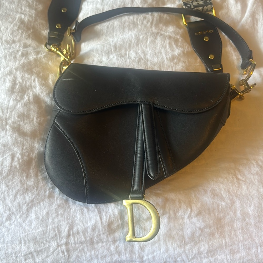 Black leather Dior style saddle bag with Dior style logo canvas long strap